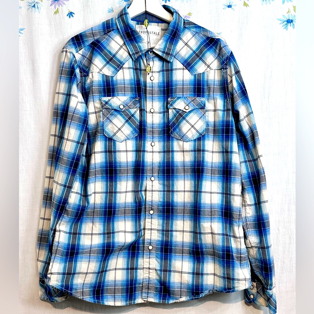Aeropostale - Men’s SHIRT Sz L SNAP CLOSE Plaid - BLUE